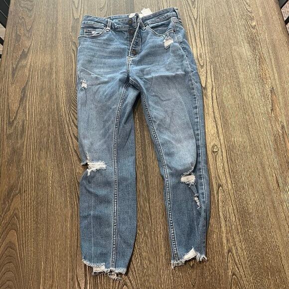 Abercrombie & Fitch Ankle Jeans High Rise Distressed Button Fly Blue Size 28/6 - Picture 1 of 11